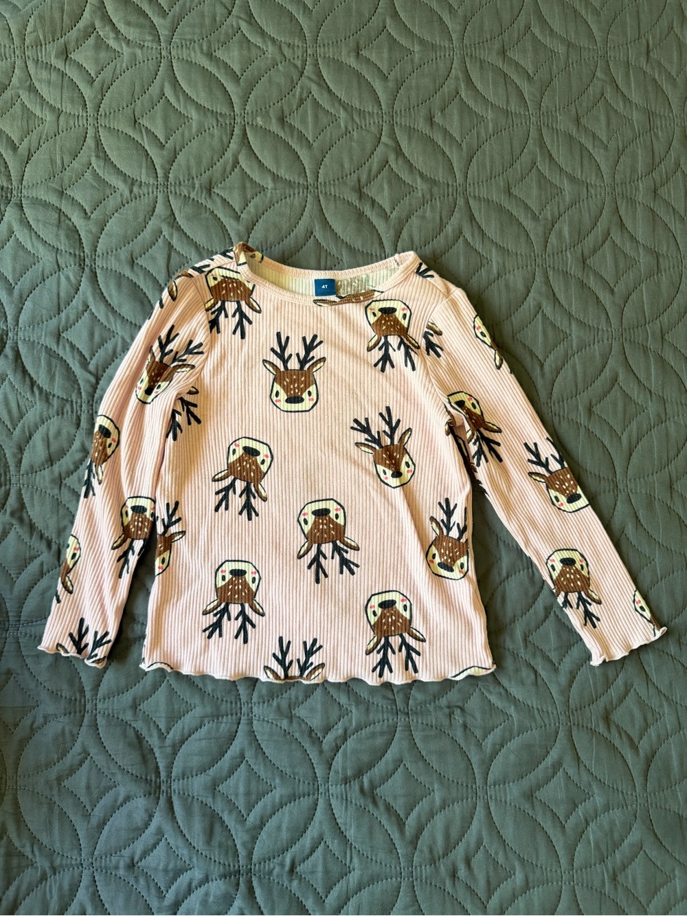 Old Navy Light Pink Ribbed Long-Sleeve Reindeer Tee
